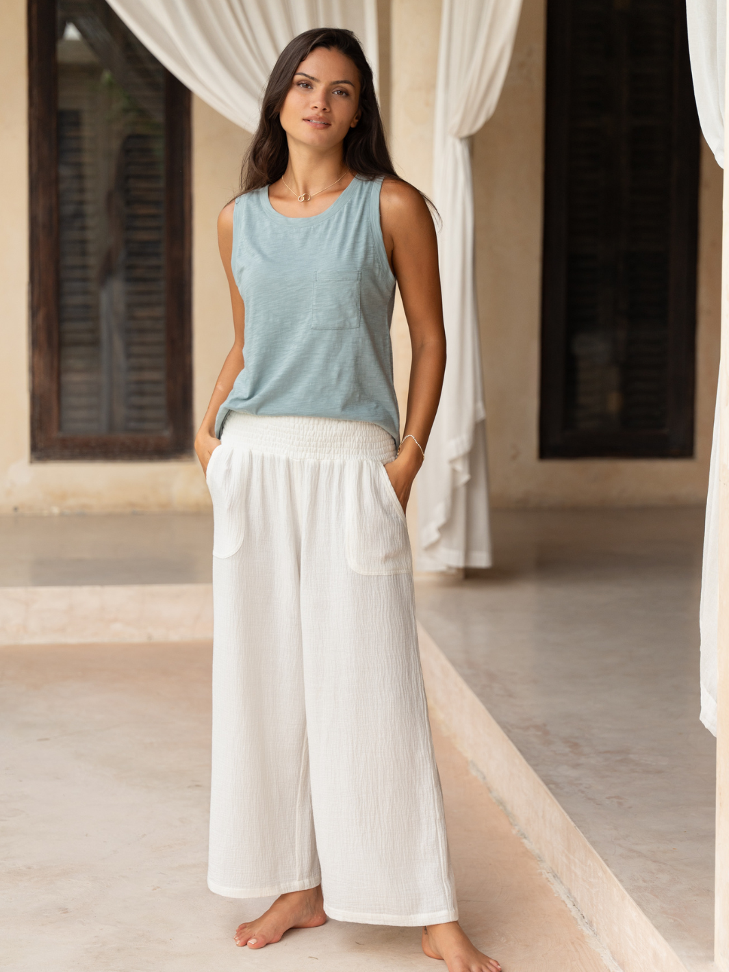 Model wears Bahama 3/4 Cotton Pants in Coconut