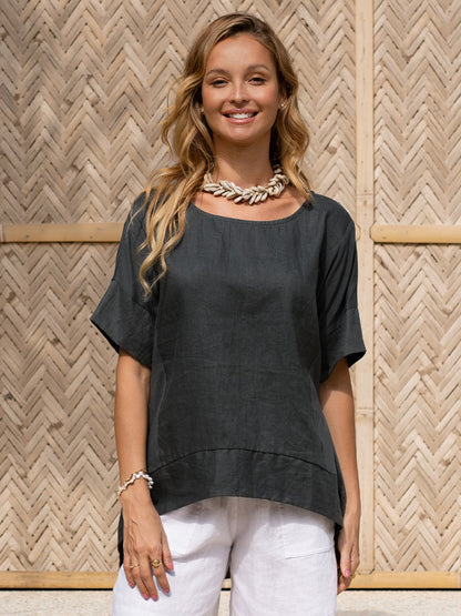 Model wears Costa French Linen and Cotton Top in Charcoal.