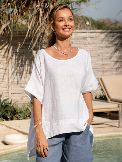 Model wears Costa French Linen and Cotton Top in White