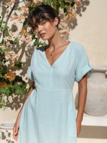 Model wears Catalina Cotton Dress in Seaglass