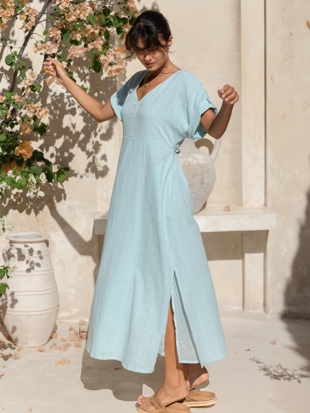 Model wears Catalina Cotton Dress in Seaglass