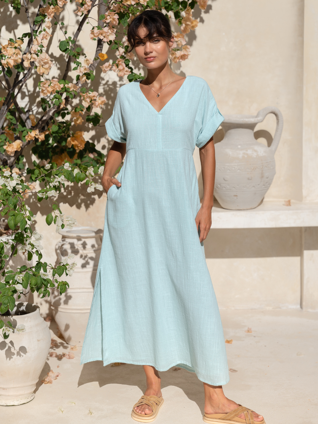 Model wears Catalina Cotton Dress in Seaglass